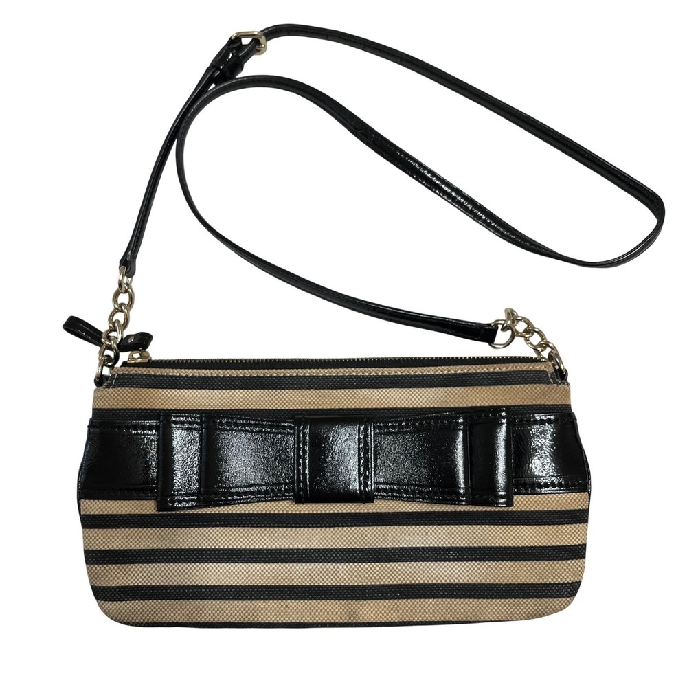 Kate Spade Villabella‎ Ave. Celina Striped Bow Wristlet Clutch Black Tan Patent